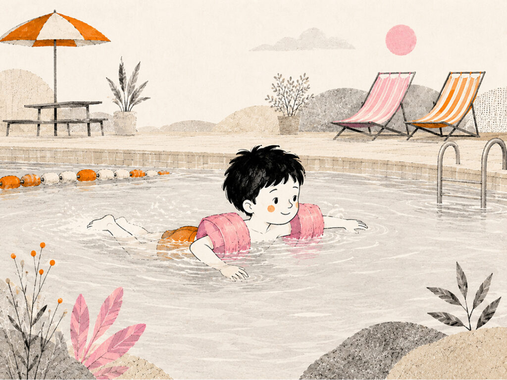 boy swimming happily with water wings