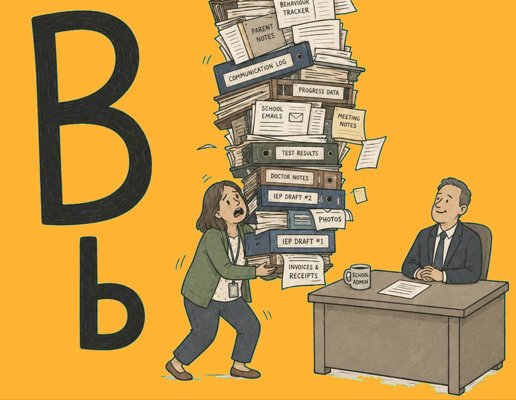 Woman nearly collapsing under massive pile of documentation while principal looks on, illustrating burden of proof
