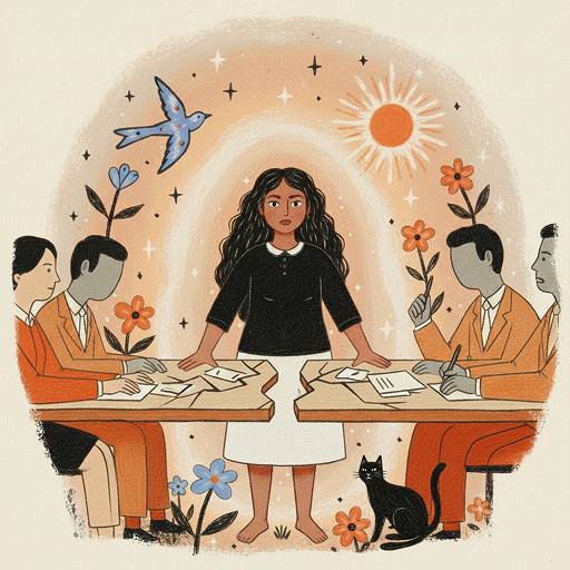 Woman breaks table will her will. Faceless administrators look shocked. Cat looks pleased.