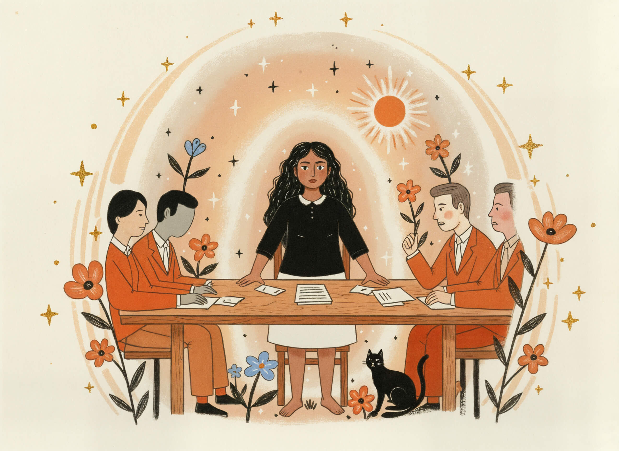Woman standing at table with faceless administrators and her cat